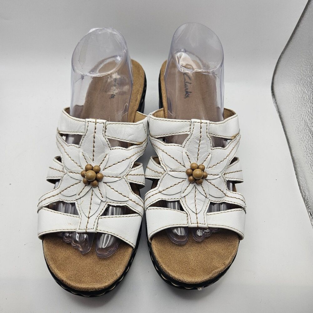 Clarks Mrytle White Leather Sandals Floral Summer Comfort Vacation Leisure 10M
